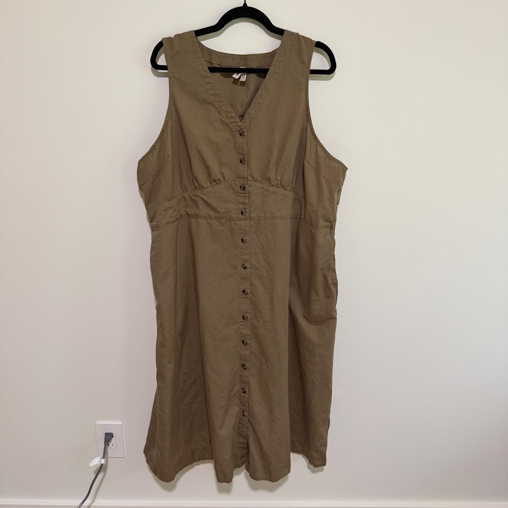 Pact Organic Cotton Linen Button Front Midi Dress Brown Plus Size XXXL